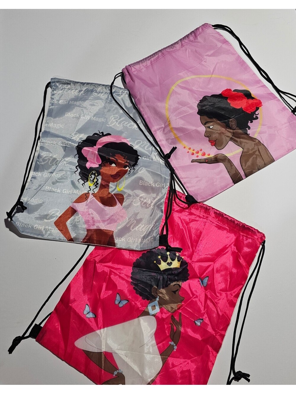 3pcs Pink Top Girl Gray Drawstring Backpack